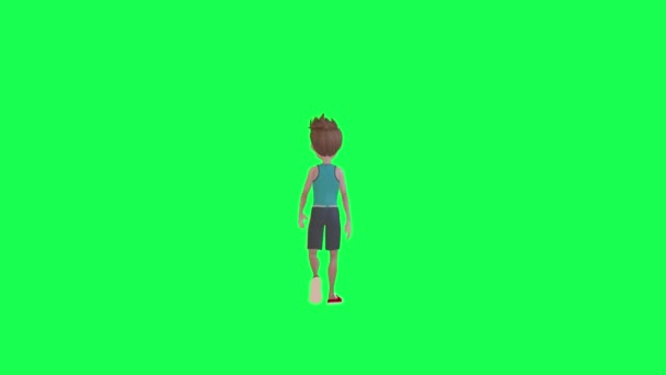 Animated Teenage Boy Jogging Suit Walking Back Angle Chroma Key Stock Footage