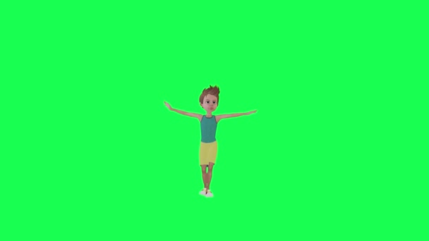 スポーツ服の3D漫画少年 ジャズを踊る フロント角度隔離されたクロマキーグリーン背景 クロマキーアニメ 散歩し 話す人 — ストック動画