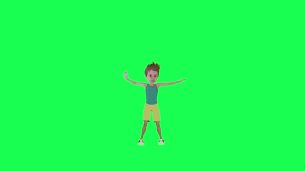 3D漫画少年ダンスサンバ フロント角度クロマキーグリーンスクリーンレンダリング人々 クロマキーアニメーションの人々 歩いて話す人 — ストック動画
