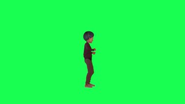 Krom yeşil ekranda sigara içen 3D çocuk 4K animasyon yapıyor.