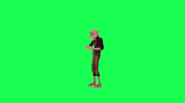 3D yaşlı adam dizüstü bilgisayarla çalışıyor, 4k 'lık insan animasyonu ile krom yeşil ekran