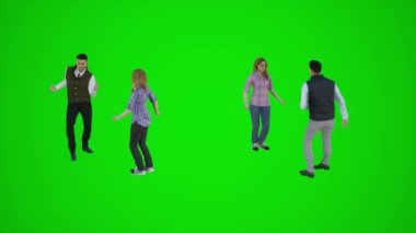 Yeşil ekranda 3 boyutlu insanların canlandırılması, kromakey arka plan, normal kıyafetlerle dans eden 4 kişilik bir grup..