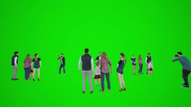 Yeşil ekranda üç boyutlu insanların görüntülenmesi, kromakey arkaplan, bir grup insan doğrudan kamera açısıyla fotoğraf çekmeye hazırlanıyor..