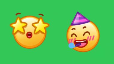 İki sarı emojili komik çizgi film karakteri çıkartması. İlki mutlu ve gözleri yıldız gibi. İkincisi, bir doğum günü şapkası takıyor ve yeşil ekranda 2.5D kromakey arka plan animasyonuyla dans ediyor.