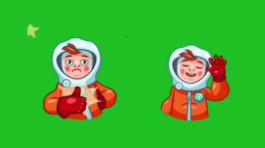 2.5D uzay karakteri ifadesi ve nazik astronot emojisinin tepkisi ve hoşça kal diyen astronot emojisi, yeşil ekran.