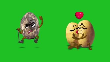 Kızgın patates konuşan çıkartma ve sevimli çizgi film karakteri ve yeşil ekran krom arka planda birbirini öpen iki patates çıkartması 2.5D animasyon