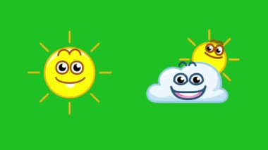 2.5D sanal kişilik ikonu ve güzel bulut ve güneş emojisinin gülüşü ve yeşil ekran figürünü alan güzel mutlu emoji.