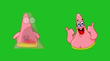 Patrick komik çizgi film karakteri ve etiketi ağzı açık ve mutlu Patrick çıkartması yeşil ekran kromakey arka planda 2.5D animasyon gibi görünüyor.