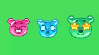 2 5D sanal uzay karakteri ifadesi ve kırmızı sarı mavi jöle emoji tepkisi. Korkmuş ve heyecanlı krom yeşil ekran.