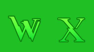 25D sanal uzay karakteri simgesi ve İngilizce yeşil harf reaksiyonu W ve X harfleri yeşil ekran