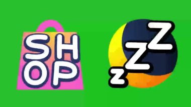 25 boyutlu sanal uzay karakteri simgesi ve alışveriş çantasındaki kelimenin İngilizce ifadesi ve Z ile başlayan yeşil ekran.