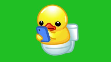 25D sanal uzay karakteri simgesi sarı simge reaksiyonu tuvalet yeşili ekranda telefonla çalışıyor
