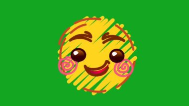render 25D uzay karakter simgesi ve sarı yanıp sönen emoji reaksiyonu yeşil ekran