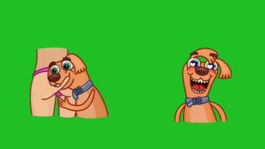 Stickers of funny cartoon characters of two dogs in brown color First biting a butt. The second one is moving his ears in a 2.5D chromakey green screen animated background