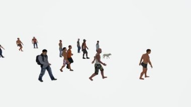 Beyaz bir arkaplanda koşan bir grup mutlu insan.