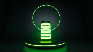 Green battery glowing with plus and minus signs fully charged on black podium with green accent lights 3d illustration