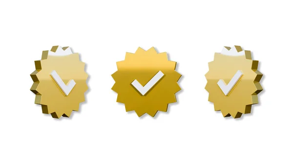 Profile verification check mark icon golden from different angles 3D Illustration