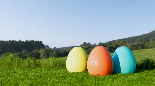 Colorful Easter Eggs Lying Grass Mountains Background Sunny Day Illustration — Stock Photo, Image