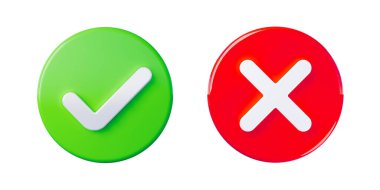 Doğru ve yanlış üç boyutlu simgeler, kabul ve ret kavramları. Kırmızı ve yeşil yuvarlak simgeler işaretli ve çapraz. 3d Görüntü