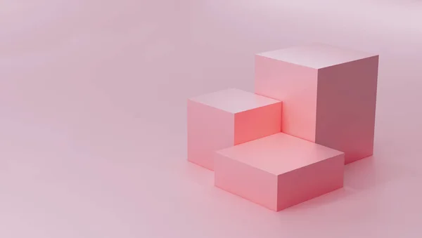 ピンクのパステルカラーのキューブの表彰台の台座製品の背景に空のピンクの背景3Dイラスト — ストック写真