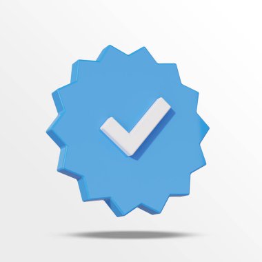 Profil doğrulama denetimi sosyal medya simgesi. Boş arkaplanda işaret işareti olan mavi onaylı bir rozet. Kare resim 3B illüstrasyon (3)