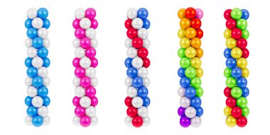 Doğrusal balon kümeleri, balon sütunları, kutlama tasarım unsuru, 3d İllüstrasyon