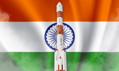 PUNE, İndia, 2 Eylül 2023. Aditya L1 Hindistan 'ın üç renkli arka planında izole edildi. Bu görüntünün unsurları NASA ve ISRO tarafından döşenmiştir. 3B illüstrasyon kavramı