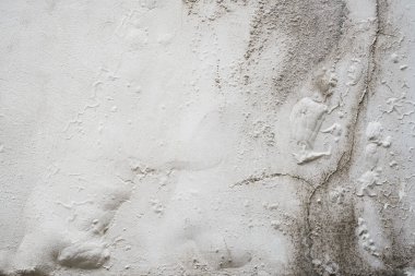 Nem sorunu, dış yüzeydeki akrilik beyaz boyalı çatlak yüzey dokusu. Kirli, beton duvar arka planında nem sorunu. Eski inşaat konsepti, yenileme evi..