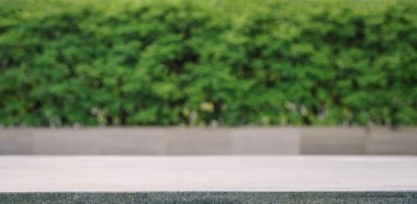 Boş düz mermer mermer döşeme döşemesi, açık alan yeşil yapraklı bahçe arkaplanı bulanıklaştırılmış. Doğal ürün tanıtımı, modern reklamı en aza indiriyor.