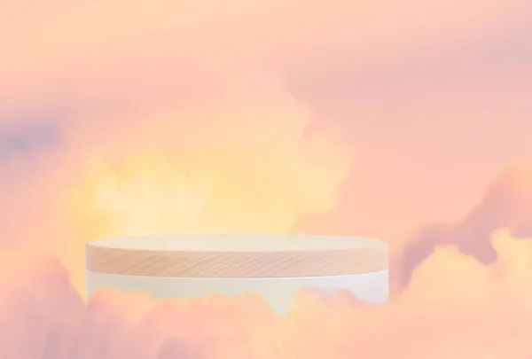 Surreal wood podium outdoor on sky pink gold pastel clouds with empty space.Beauty cosmetic product placement pedestal present promotion minimal display,summer paradise dreamy concept.