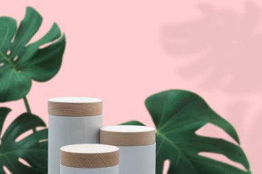 Wood podium with monstera tropical forest plant blurred pink isolated background.Organic beauty cosmetic product present natural placement pedestal display,spring and summer jungle minimal concept.