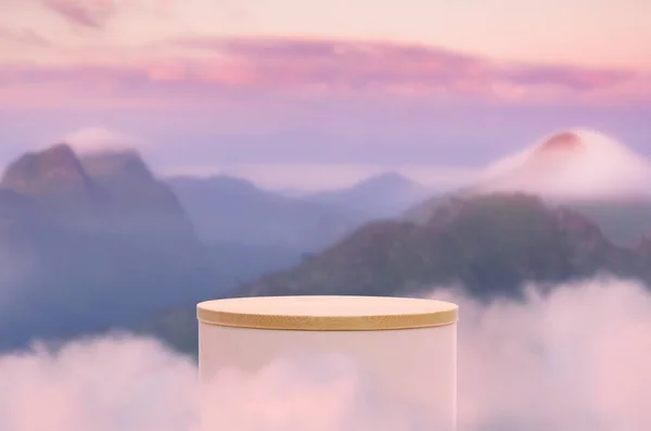 Surreal podium outdoors on sky pink pastel soft cloud with misty mountain nature landscape background.Beauty cosmetic product placement pedestal present minimal display,summer paradise dreamy concept.