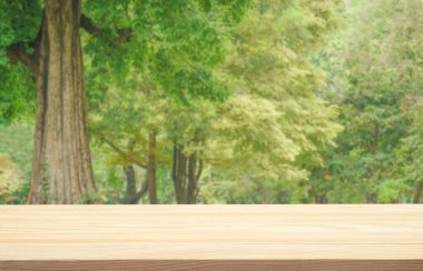 Açık havada ahşap masa üstü podyum zemininde yeşil tropikal orman manzarası arka planda. Organik sağlıklı doğal ürün sunar kaide tezgahı, bahar yaz ormanı konsepti.