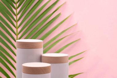 Bulanık tropikal palmiye yaprağı, pembe pastel arka planı olan minimum podyum masa üstü tabanı. Kozmetik güzellik, doğal ürün yerleştirme tezgahı. Orman ormanı yaz cenneti kavramı..