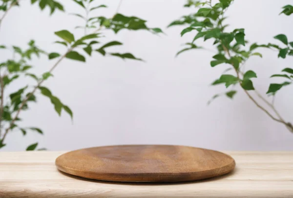 Beyaz arka planda ağaç dalı yeşil yapraklı ahşap podyum masası zemininde. Güzellik kozmetik ve sağlıklı doğal ürün yerleştirme platformu sergi standı, ilkbahar veya yaz konsepti.
