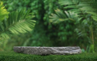 Taş podyum masa üstü zemin açık havada bulanık yeşil yaprak tropikal orman bitki arka planı. Güzellik kozmetik doğal ürün yerleştirme kaidesi sergisi, orman yaz konsepti..
