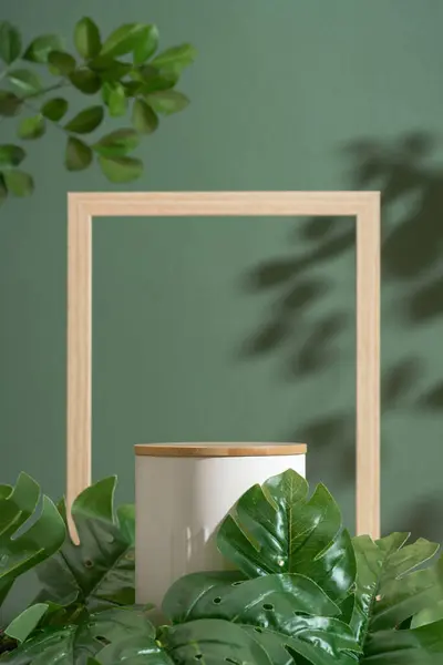 Minimal wood white podium with wooden frame blured monstera green leaf plant nature background.Beauty cosmetic natural product modern display.