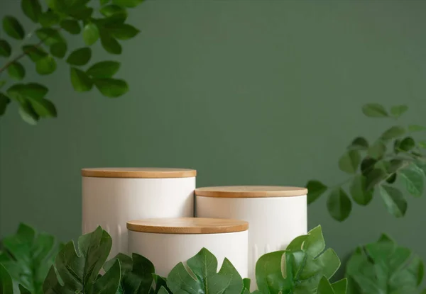 Minimal wood white podium with blurred monstera green leaf plant.Beauty cosmetic natural product modern display,tropical forest nature background concept.