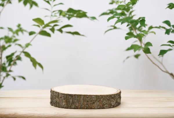 Ahşap podyum sehpası beyaz uzay arka planında bulanık yeşil yaprak bitkisi. Güzellik kozmetik doğal ürün görüntüsü.
