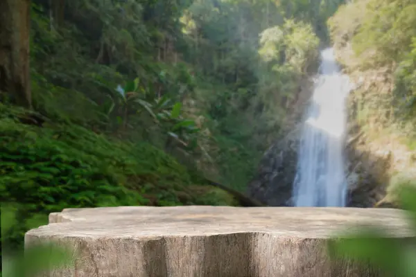 Mesa Madeira Topo Pódio Chão Cachoeira Livre Verde Floresta Tropical — Fotografia de Stock