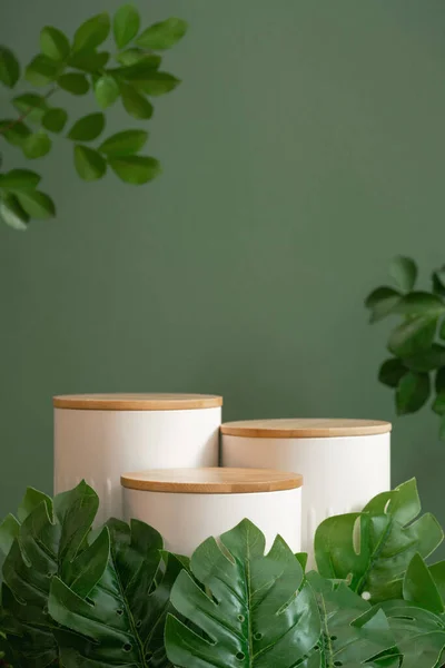 Bulanık yeşil yaprak bitkisine sahip minimum ahşap beyaz podyum. Güzellik kozmetik ürünü modern ekran, tropikal orman arka plan kavramı..