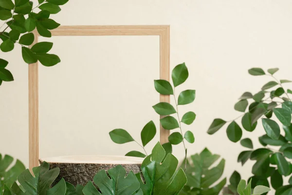 Bej arka planda bulanık yeşil yaprak bitkisi olan ahşap podyum. Güzellik kozmetik doğal hafif ürün modern ekran, doğa çevre dostu kavram..