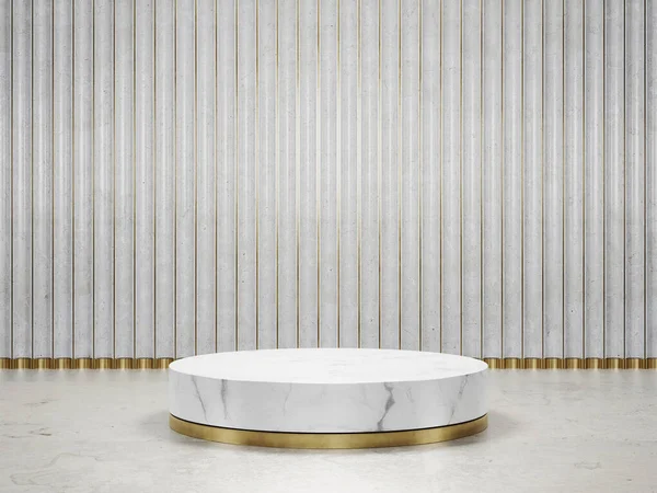 Round white marble podium with a metallic gold base on travertine floor and marble feature wall background in luxury studio scene. Modern showroom interior 3d rendering image for product display.