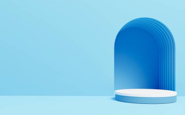 3D Cylinder blue color pedestal podium on background. Empty showcase for cosmetic product. mockup Stage for the awards ceremony, exhibition plinth stand, 3D rendering.