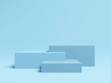 3D Cylinder blue color pedestal podium on background. Empty showcase for cosmetic product. mockup Stage for the awards ceremony, exhibition plinth stand, 3D rendering.