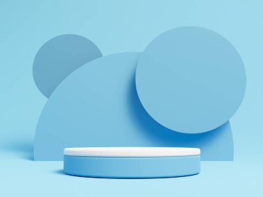 3D Cylinder blue color pedestal podium on background. Empty showcase for cosmetic product. mockup Stage for the awards ceremony, exhibition plinth stand, 3D rendering.