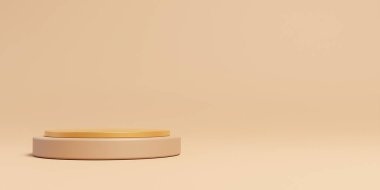 3D Cylinder beige color pedestal podium on background. Nude cream empty showcase for cosmetic product. mockup Stage for the awards ceremony, exhibition plinth stand, 3D rendering.