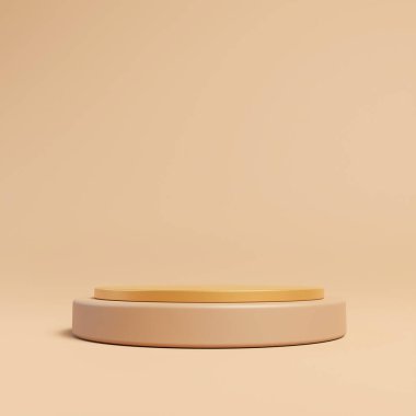 3D Cylinder beige color pedestal podium on background. Nude cream empty showcase for cosmetic product. mockup Stage for the awards ceremony, exhibition plinth stand, 3D rendering.