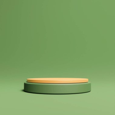 3d Podium green and gold color minimalistic scene, olive abstract background, Empty showcase for cosmetic product, Stage for the awards ceremony, mockup, Golden display case.