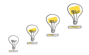 Idea loading with light bulb isolated white background. doodle style lamp bulb idea icon. Creativity and innovation concept. handrawn light bulbs. Cartoon, Vector illustration.